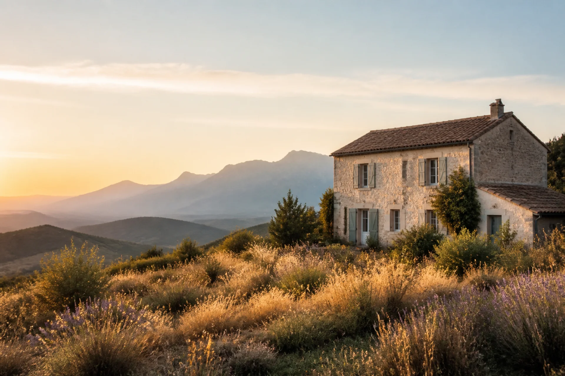 Maison de pierre dans un paysage de montagne baigné par le soleil levant
